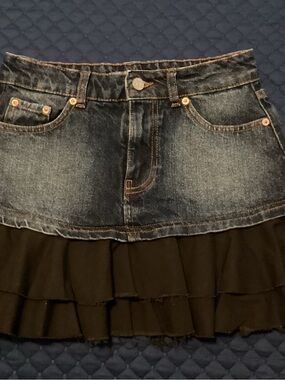 Urban Outfitters Blue Denim Mini Skirt with Black Ruffle